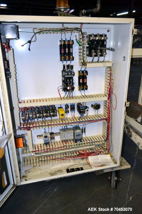 Used Jones Model CMV5 Semi-Automatic Tuck Vertical Cartoner. Machine is capable of speeds up to 120 cartons per minute. Has manual load station of 8' (both sides). Has 5" centers for a carton size ra...
