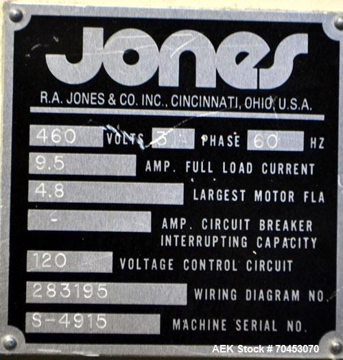 Used Jones Model CMV5 Semi-Automatic Tuck Vertical Cartoner. Machine is capable of speeds up to 120 cartons per minute. Has manual load station of 8' (both sides). Has 5" centers for a carton size ra...