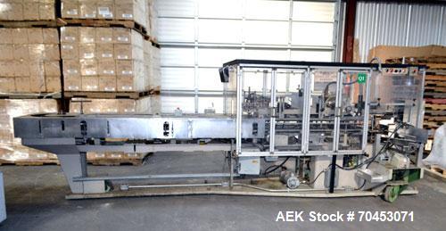 Used Jones Model CMV5 Semi-Automatic Tuck Vertical Cartoner. Machine is capable of speeds up to 120 cartons per minute. Has manual load station of 8' (both sides). Has 5" centers for a carton size ra...