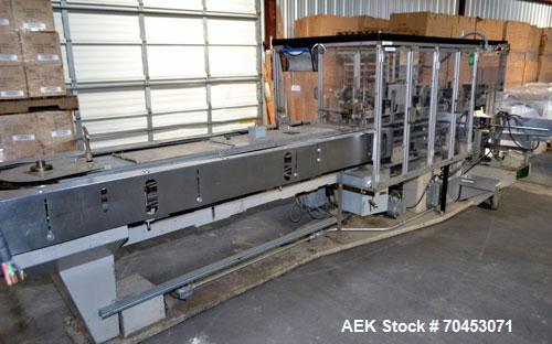 Used Jones Model CMV5 Semi-Automatic Tuck Vertical Cartoner. Machine is capable of speeds up to 120 cartons per minute. Has manual load station of 8' (both sides). Has 5" centers for a carton size ra...