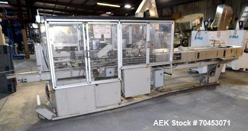 Used Jones Model CMV5 Semi-Automatic Tuck Vertical Cartoner. Machine is capable of speeds up to 120 cartons per minute. Has manual load station of 8' (both sides). Has 5" centers for a carton size ra...
