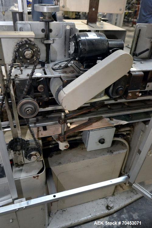 Used Jones Model CMV5 Semi-Automatic Tuck Vertical Cartoner. Machine is capable of speeds up to 120 cartons per minute. Has manual load station of 8' (both sides). Has 5" centers for a carton size ra...