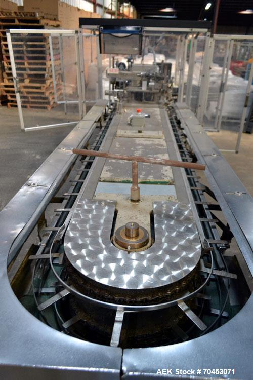 Used Jones Model CMV5 Semi-Automatic Tuck Vertical Cartoner. Machine is capable of speeds up to 120 cartons per minute. Has manual load station of 8' (both sides). Has 5" centers for a carton size ra...