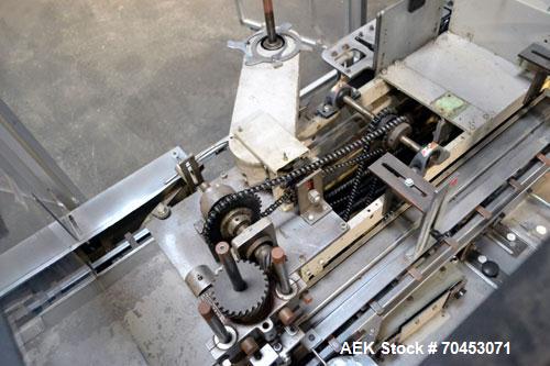 Used Jones Model CMV5 Semi-Automatic Tuck Vertical Cartoner. Machine is capable of speeds up to 120 cartons per minute. Has manual load station of 8' (both sides). Has 5" centers for a carton size ra...