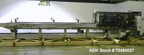 Used Jones CMV5 Semi Automatic Continuous Motion Vertical Tuck Cartoner. Capable of speeds up to 120 CPM. Has 5" centers for a carton size range: length 1" - 4-1/4", width 3/4" - 4-1/4", depth/height...