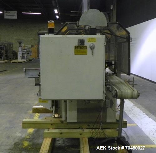 Used Jones CMV5 Semi Automatic Continuous Motion Vertical Tuck Cartoner. Capable of speeds up to 120 CPM. Has 5" centers for a carton size range: length 1" - 4-1/4", width 3/4" - 4-1/4", depth/height...