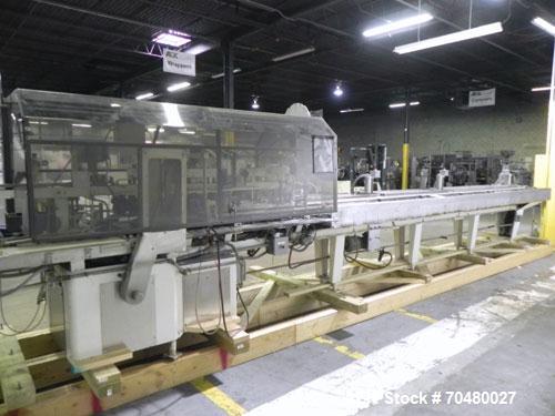 Used Jones CMV5 Semi Automatic Continuous Motion Vertical Tuck Cartoner. Capable of speeds up to 120 CPM. Has 5" centers for a carton size range: length 1" - 4-1/4", width 3/4" - 4-1/4", depth/height...