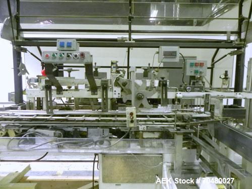 Used Jones CMV5 Semi Automatic Continuous Motion Vertical Tuck Cartoner. Capable of speeds up to 120 CPM. Has 5" centers for a carton size range: length 1" - 4-1/4", width 3/4" - 4-1/4", depth/height...
