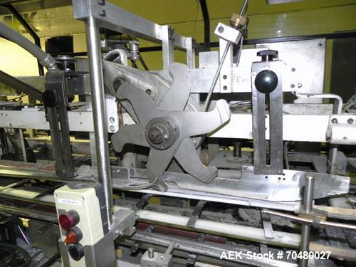 Used Jones CMV5 Semi Automatic Continuous Motion Vertical Tuck Cartoner. Capable of speeds up to 120 CPM. Has 5" centers for a carton size range: length 1" - 4-1/4", width 3/4" - 4-1/4", depth/height...