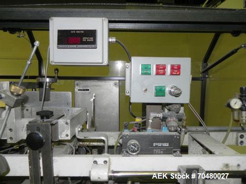 Used Jones CMV5 Semi Automatic Continuous Motion Vertical Tuck Cartoner. Capable of speeds up to 120 CPM. Has 5" centers for a carton size range: length 1" - 4-1/4", width 3/4" - 4-1/4", depth/height...