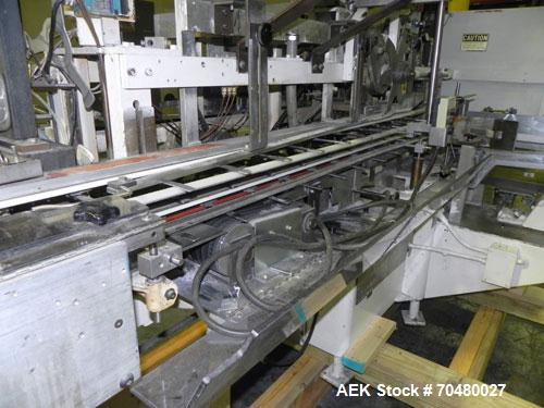 Used Jones CMV5 Semi Automatic Continuous Motion Vertical Tuck Cartoner. Capable of speeds up to 120 CPM. Has 5" centers for a carton size range: length 1" - 4-1/4", width 3/4" - 4-1/4", depth/height...