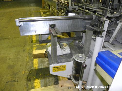 Used Jones CMV5 Semi Automatic Continuous Motion Vertical Tuck Cartoner. Capable of speeds up to 120 CPM. Has 5" centers for a carton size range: length 1" - 4-1/4", width 3/4" - 4-1/4", depth/height...