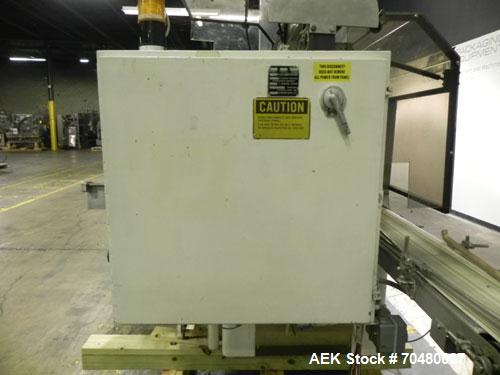Used Jones CMV5 Semi Automatic Continuous Motion Vertical Tuck Cartoner. Capable of speeds up to 120 CPM. Has 5" centers for a carton size range: length 1" - 4-1/4", width 3/4" - 4-1/4", depth/height...