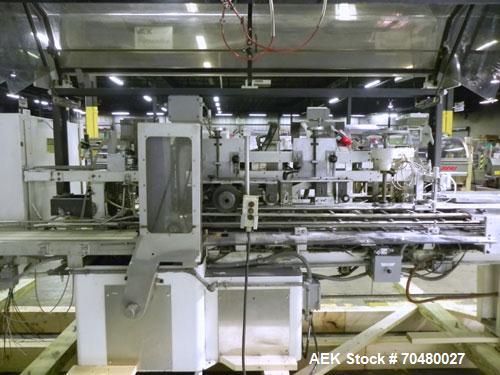 Used Jones CMV5 Semi Automatic Continuous Motion Vertical Tuck Cartoner. Capable of speeds up to 120 CPM. Has 5" centers for a carton size range: length 1" - 4-1/4", width 3/4" - 4-1/4", depth/height...