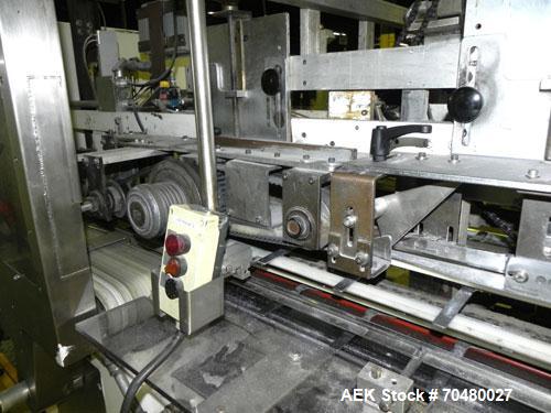 Used Jones CMV5 Semi Automatic Continuous Motion Vertical Tuck Cartoner. Capable of speeds up to 120 CPM. Has 5" centers for a carton size range: length 1" - 4-1/4", width 3/4" - 4-1/4", depth/height...