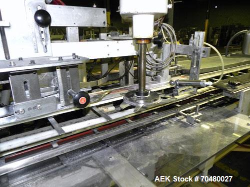 Used Jones CMV5 Semi Automatic Continuous Motion Vertical Tuck Cartoner. Capable of speeds up to 120 CPM. Has 5" centers for a carton size range: length 1" - 4-1/4", width 3/4" - 4-1/4", depth/height...