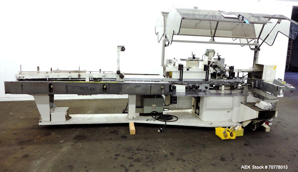 Used Jones Model CMV5 Semi-Automatic Tuck Vertical Cartoner. Machine is capable of speeds up to 120 cartons per minute. Has manual load station of 8' (both sides). Has 5" centers for a carton size ra...