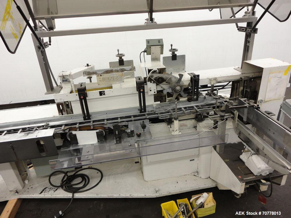 Used Jones Model CMV5 Semi-Automatic Tuck Vertical Cartoner. Machine is capable of speeds up to 120 cartons per minute. Has manual load station of 8' (both sides). Has 5" centers for a carton size ra...