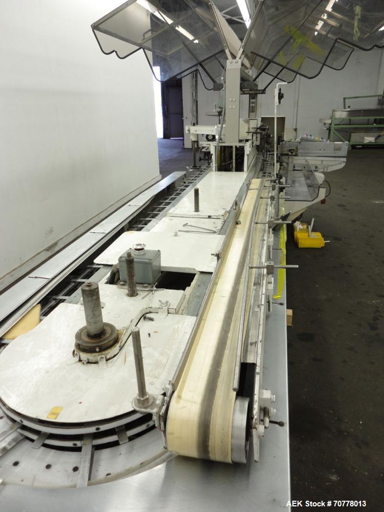 Used Jones Model CMV5 Semi-Automatic Tuck Vertical Cartoner. Machine is capable of speeds up to 120 cartons per minute. Has manual load station of 8' (both sides). Has 5" centers for a carton size ra...