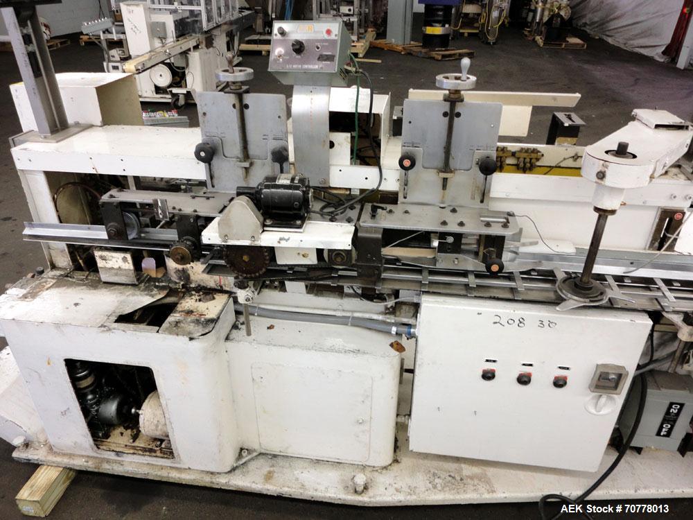 Used Jones Model CMV5 Semi-Automatic Tuck Vertical Cartoner. Machine is capable of speeds up to 120 cartons per minute. Has manual load station of 8' (both sides). Has 5" centers for a carton size ra...