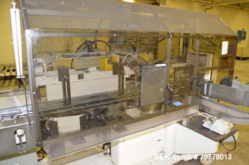 Used Jones Model CMV5 Semi-Automatic Tuck Vertical Cartoner. Machine is capable of speeds up to 120 cartons per minute. Has manual load station of 8' (both sides). Has 5" centers for a carton size ra...