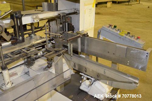 Used Jones Model CMV5 Semi-Automatic Tuck Vertical Cartoner. Machine is capable of speeds up to 120 cartons per minute. Has manual load station of 8' (both sides). Has 5" centers for a carton size ra...