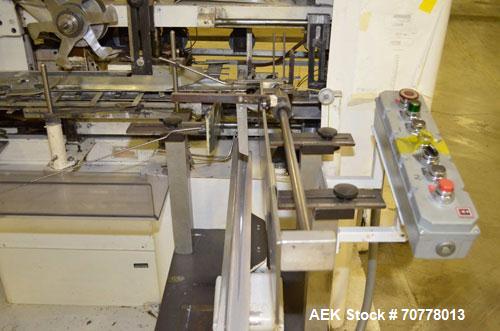 Used Jones Model CMV5 Semi-Automatic Tuck Vertical Cartoner. Machine is capable of speeds up to 120 cartons per minute. Has manual load station of 8' (both sides). Has 5" centers for a carton size ra...