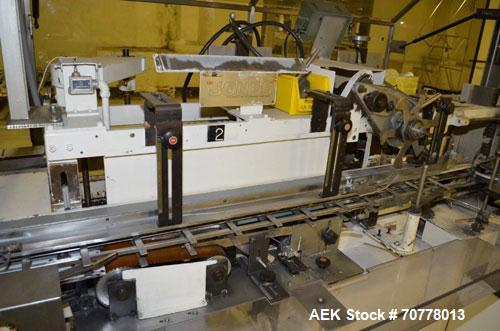 Used Jones Model CMV5 Semi-Automatic Tuck Vertical Cartoner. Machine is capable of speeds up to 120 cartons per minute. Has manual load station of 8' (both sides). Has 5" centers for a carton size ra...