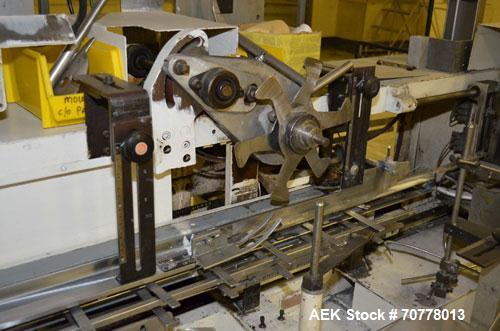 Used Jones Model CMV5 Semi-Automatic Tuck Vertical Cartoner. Machine is capable of speeds up to 120 cartons per minute. Has manual load station of 8' (both sides). Has 5" centers for a carton size ra...