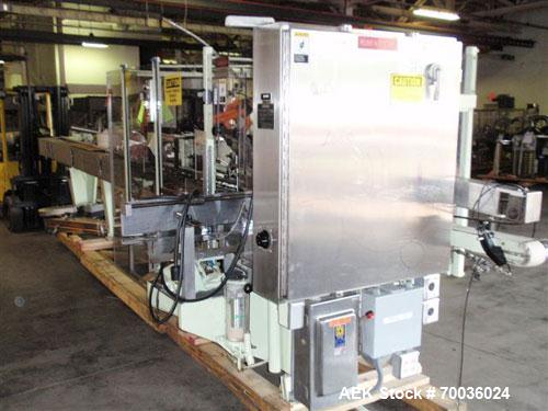 Used Jones CMV8 continuous motion vertical cartoner capable of speeds up to 120 cpm. Has 8" centers for a carton size range: length 2" to 7-1/4", width 1" to 4", depth 3" to 9". Has 30" long carton m...