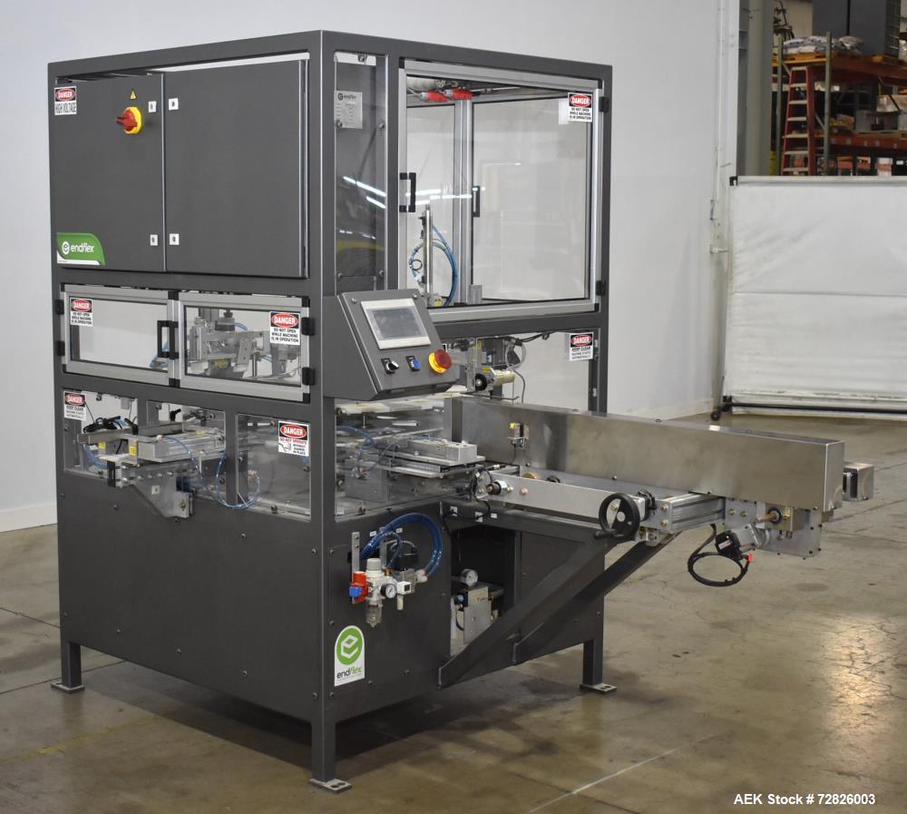 Unused- Endflex (Paxiom) Small Footprint Vertical Cartoner, Model BOXXER KARTNR. Capable of speeds up to 60 CPM (depending on application). Size range: 1" (25mm) to 4.5" (114mm) length x 1" (25mm) to...