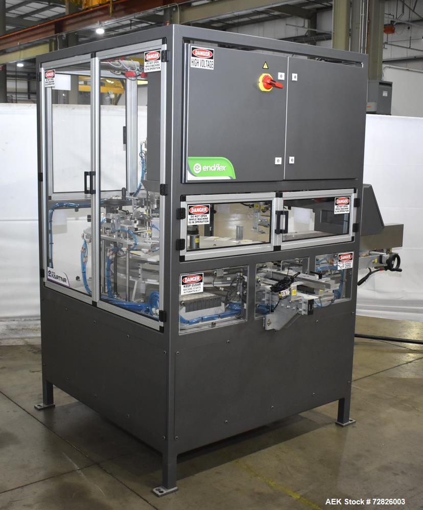 Unused- Endflex (Paxiom) Small Footprint Vertical Cartoner, Model BOXXER KARTNR. Capable of speeds up to 60 CPM (depending on application). Size range: 1" (25mm) to 4.5" (114mm) length x 1" (25mm) to...