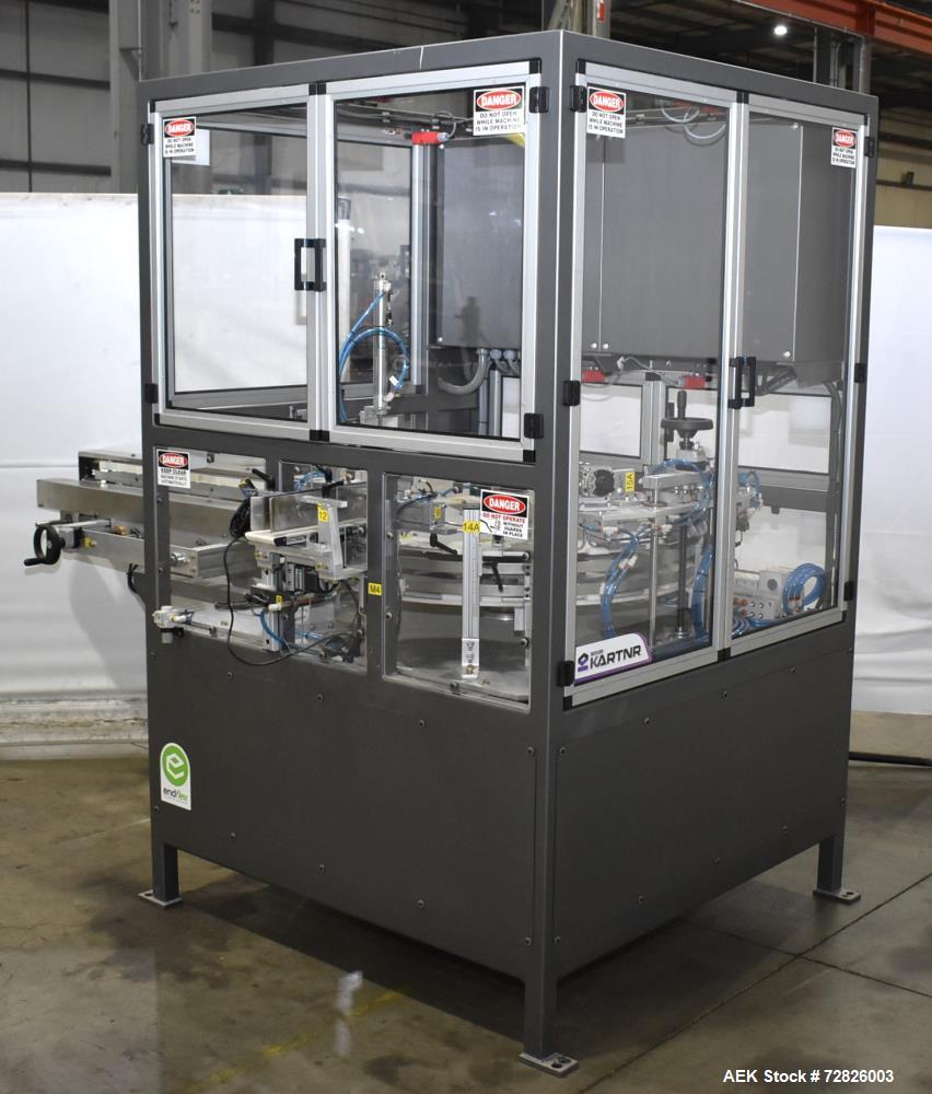 Unused- Endflex (Paxiom) Small Footprint Vertical Cartoner, Model BOXXER KARTNR. Capable of speeds up to 60 CPM (depending on application). Size range: 1" (25mm) to 4.5" (114mm) length x 1" (25mm) to...