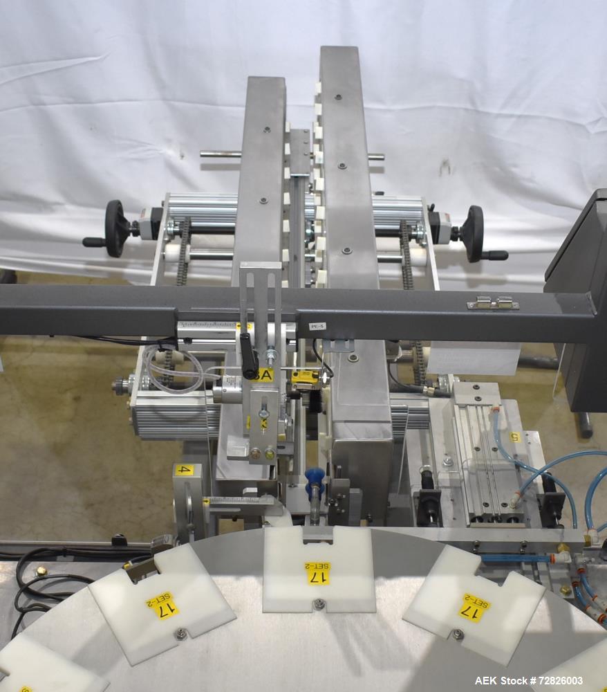 Unused- Endflex (Paxiom) Small Footprint Vertical Cartoner, Model BOXXER KARTNR. Capable of speeds up to 60 CPM (depending on application). Size range: 1" (25mm) to 4.5" (114mm) length x 1" (25mm) to...