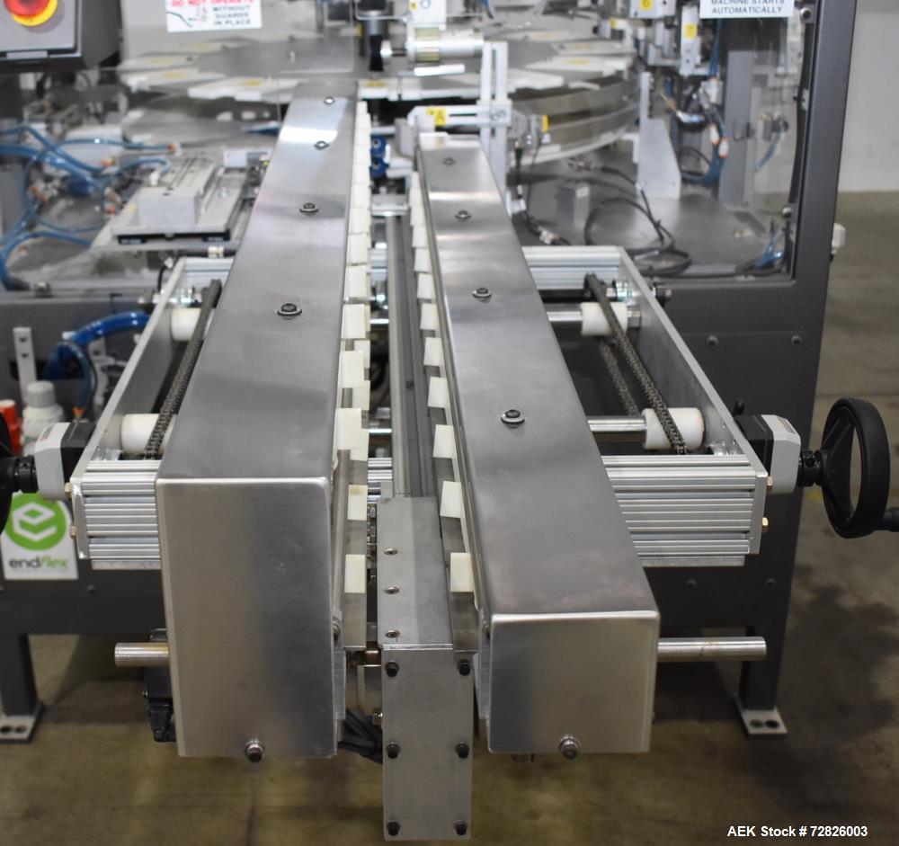 Unused- Endflex (Paxiom) Small Footprint Vertical Cartoner, Model BOXXER KARTNR. Capable of speeds up to 60 CPM (depending on application). Size range: 1" (25mm) to 4.5" (114mm) length x 1" (25mm) to...