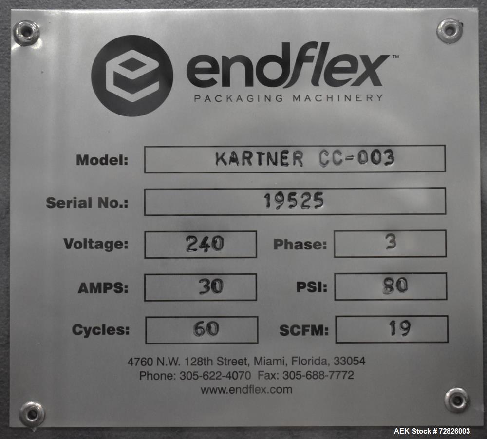 Unused- Endflex (Paxiom) Small Footprint Vertical Cartoner, Model BOXXER KARTNR. Capable of speeds up to 60 CPM (depending on application). Size range: 1" (25mm) to 4.5" (114mm) length x 1" (25mm) to...