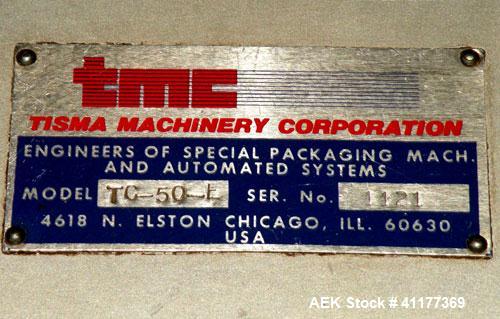 Used Tisma Intermittent Motion Vertical Hot Melt Cartoner, Model TC-50-E. Capable of speeds up to 60 CPM. Has 10" centers, two head rotary carton feeder with 36" long carton magazine and 5' load area...