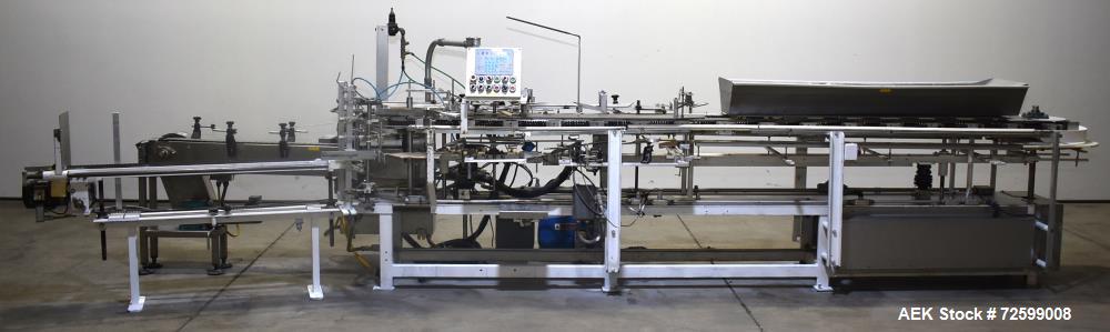 Used Clybourn CHL Vertical Hand Load Hot Melt Glue Cartoner. Capable of speeds from 10 to 100 cartoners per minute. Set on 10" centers for a carton size range: 1" to 8-1/4" length x 3/4" to 3-1/4" wi...
