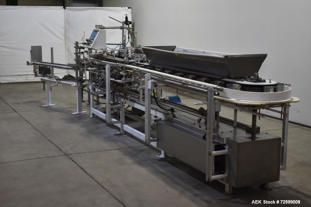 Used Clybourn CHL Vertical Hand Load Hot Melt Glue Cartoner. Capable of speeds from 10 to 100 cartoners per minute. Set on 10" centers for a carton size range: 1" to 8-1/4" length x 3/4" to 3-1/4" wi...