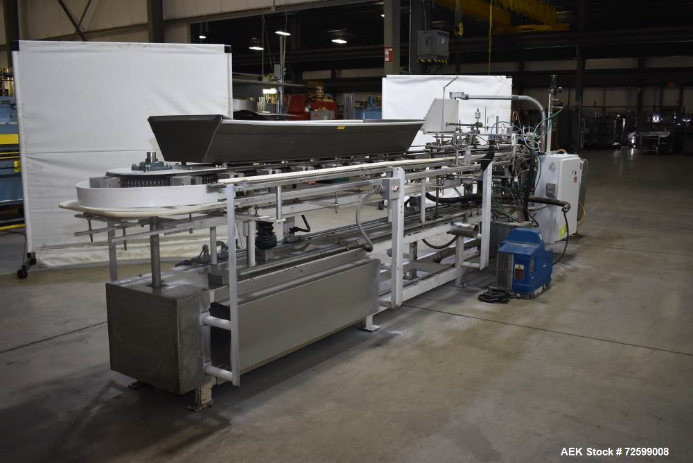 Used Clybourn CHL Vertical Hand Load Hot Melt Glue Cartoner. Capable of speeds from 10 to 100 cartoners per minute. Set on 10" centers for a carton size range: 1" to 8-1/4" length x 3/4" to 3-1/4" wi...