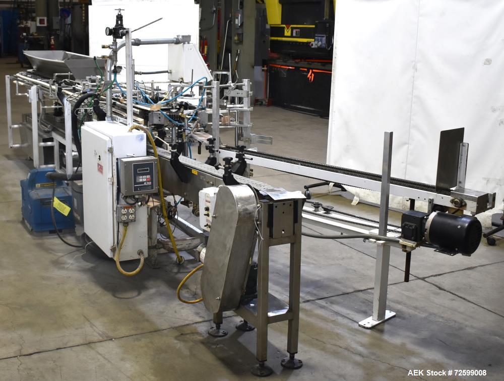 Used Clybourn CHL Vertical Hand Load Hot Melt Glue Cartoner. Capable of speeds from 10 to 100 cartoners per minute. Set on 10" centers for a carton size range: 1" to 8-1/4" length x 3/4" to 3-1/4" wi...