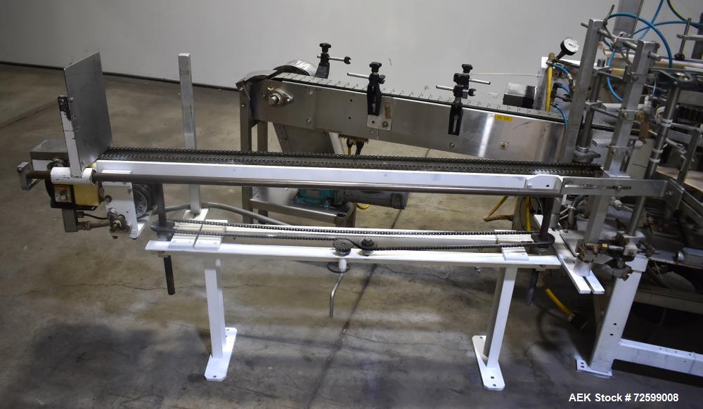 Used Clybourn CHL Vertical Hand Load Hot Melt Glue Cartoner. Capable of speeds from 10 to 100 cartoners per minute. Set on 10" centers for a carton size range: 1" to 8-1/4" length x 3/4" to 3-1/4" wi...