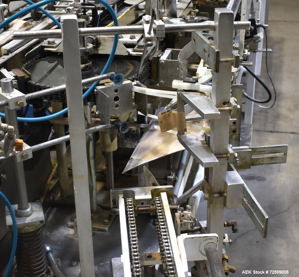 Used Clybourn CHL Vertical Hand Load Hot Melt Glue Cartoner. Capable of speeds from 10 to 100 cartoners per minute. Set on 10" centers for a carton size range: 1" to 8-1/4" length x 3/4" to 3-1/4" wi...