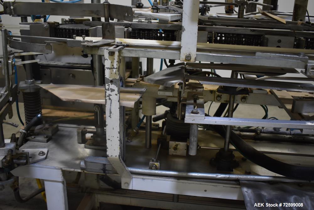 Used Clybourn CHL Vertical Hand Load Hot Melt Glue Cartoner. Capable of speeds from 10 to 100 cartoners per minute. Set on 10" centers for a carton size range: 1" to 8-1/4" length x 3/4" to 3-1/4" wi...