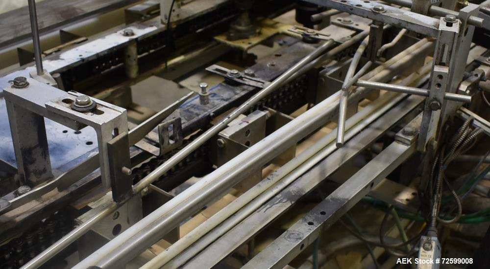 Used Clybourn CHL Vertical Hand Load Hot Melt Glue Cartoner. Capable of speeds from 10 to 100 cartoners per minute. Set on 10" centers for a carton size range: 1" to 8-1/4" length x 3/4" to 3-1/4" wi...