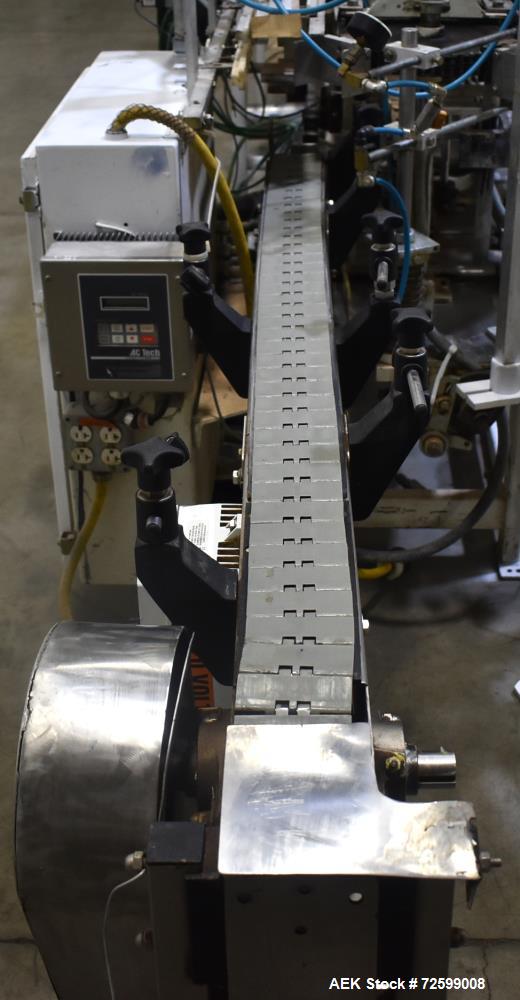 Used Clybourn CHL Vertical Hand Load Hot Melt Glue Cartoner. Capable of speeds from 10 to 100 cartoners per minute. Set on 10" centers for a carton size range: 1" to 8-1/4" length x 3/4" to 3-1/4" wi...