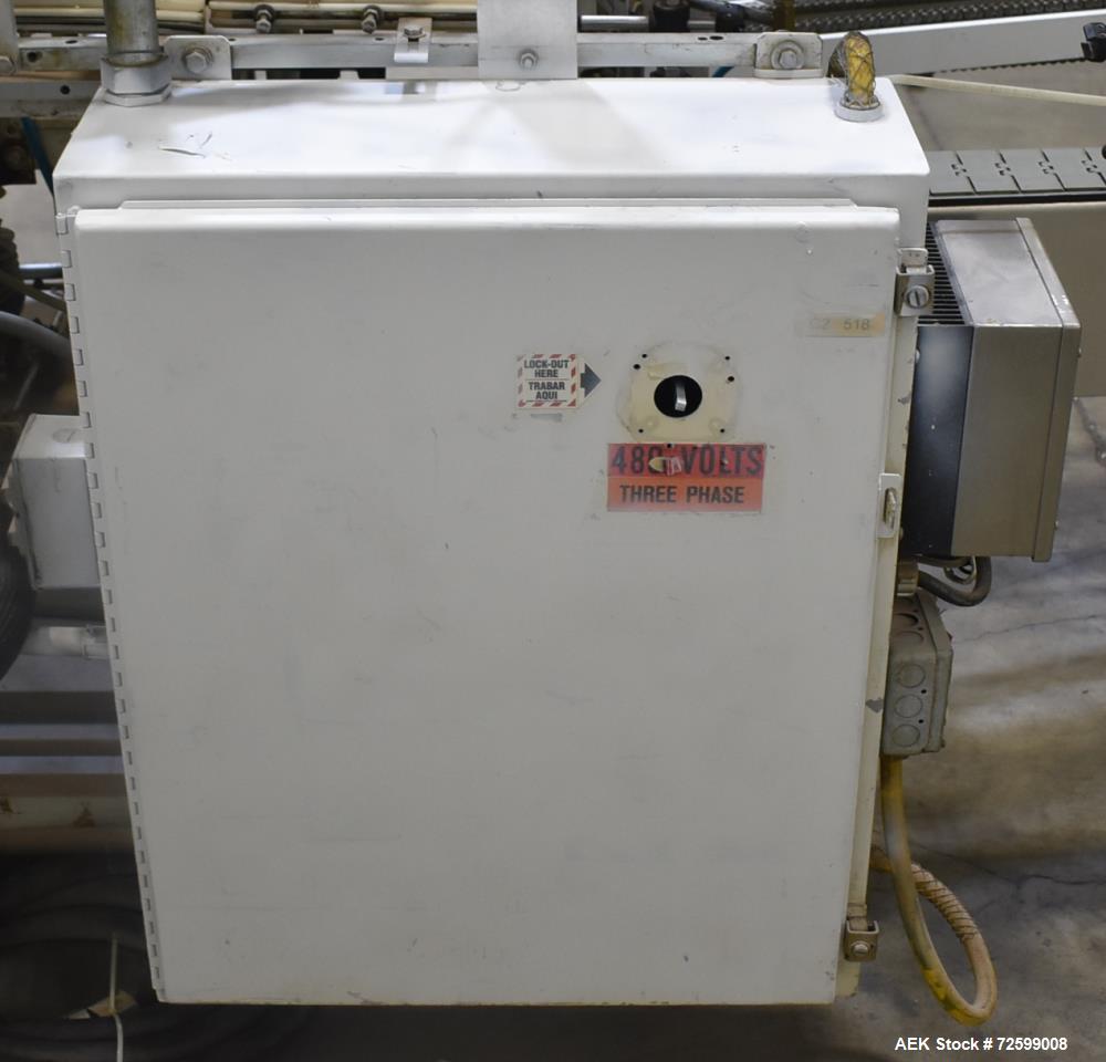 Used Clybourn CHL Vertical Hand Load Hot Melt Glue Cartoner. Capable of speeds from 10 to 100 cartoners per minute. Set on 10" centers for a carton size range: 1" to 8-1/4" length x 3/4" to 3-1/4" wi...