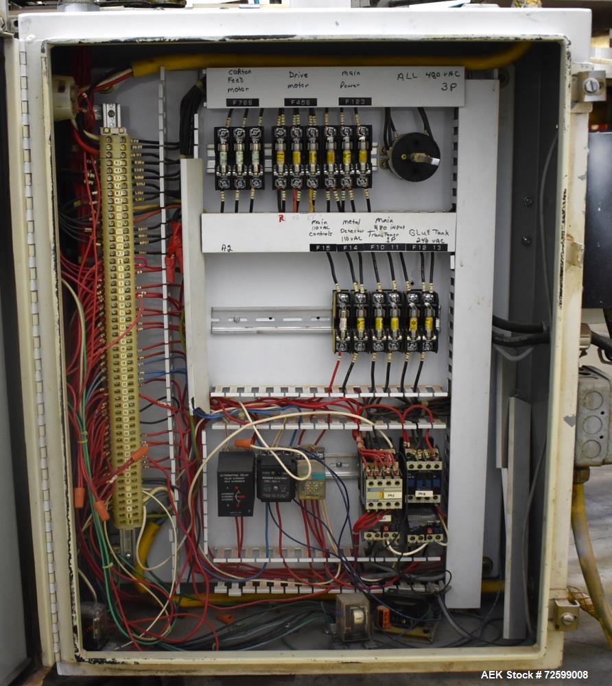 Used Clybourn CHL Vertical Hand Load Hot Melt Glue Cartoner. Capable of speeds from 10 to 100 cartoners per minute. Set on 10" centers for a carton size range: 1" to 8-1/4" length x 3/4" to 3-1/4" wi...