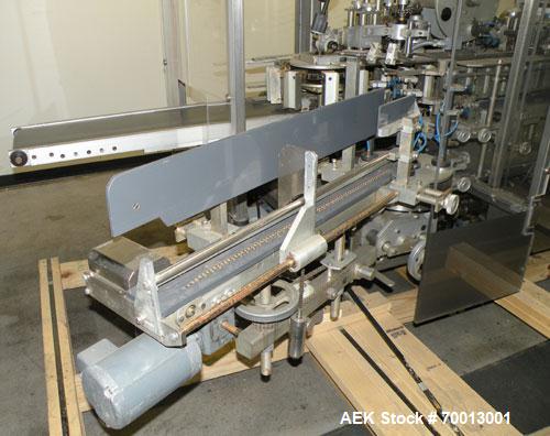 Used Tisma Vertical Cartoner, Model TC-50E. Capable of speeds to 200 cartons per minute. Currently set up with 2" x 5" x 1.5" carton pockets on 3-3/4" centers. Carton size range: Length 1” to 8.5”, w...