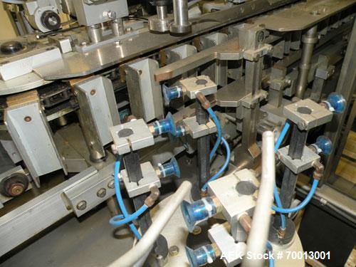 Used Tisma Vertical Cartoner, Model TC-50E. Capable of speeds to 200 cartons per minute. Currently set up with 2" x 5" x 1.5" carton pockets on 3-3/4" centers. Carton size range: Length 1” to 8.5”, w...